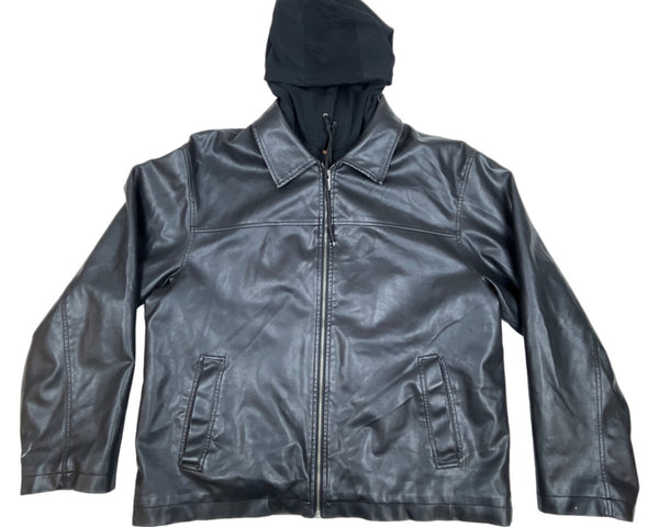 Lee Dungarees Black Faux Leather Inner pockets Hooded Mens Jacket Sz - L
