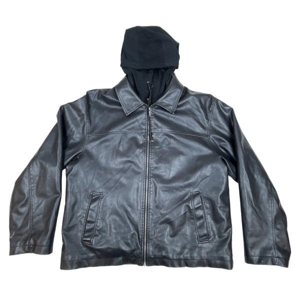 Lee Dungarees Black Faux Leather Inner pockets Hooded Mens Jacket Sz - L