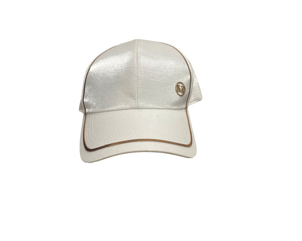 Shiny White Baseball Cap With Gold "M" Logo & Trim Detail 100% Cotton Adjustable Strap