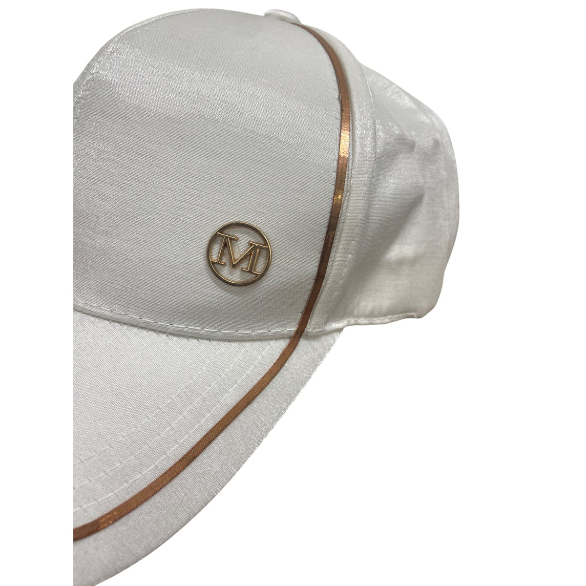 Shiny White Baseball Cap With Gold "M" Logo & Trim Detail 100% Cotton Adjustable Strap