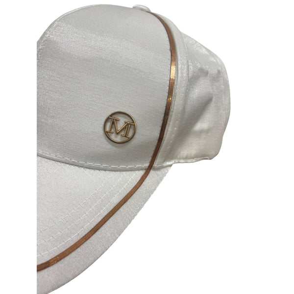 Shiny White Baseball Cap With Gold "M" Logo & Trim Detail 100% Cotton Adjustable Strap