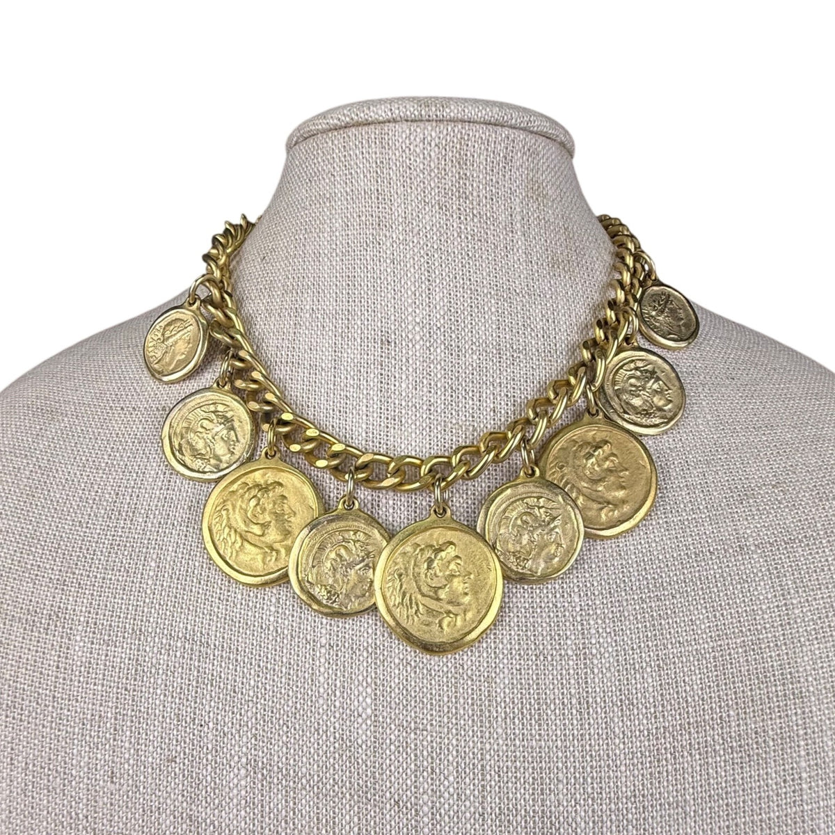Vintage Gold Tone Coin Medallion Necklace Women Chain Alloy Statement Toggle Design