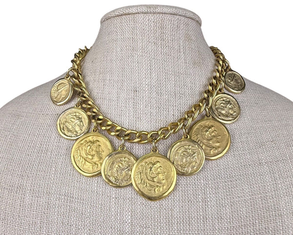 Vintage Gold Tone Coin Medallion Necklace Women Chain Alloy Statement Toggle Design