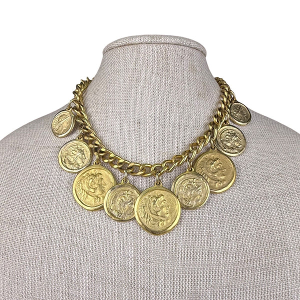 Vintage Gold Tone Coin Medallion Necklace Women Chain Alloy Statement Toggle Design