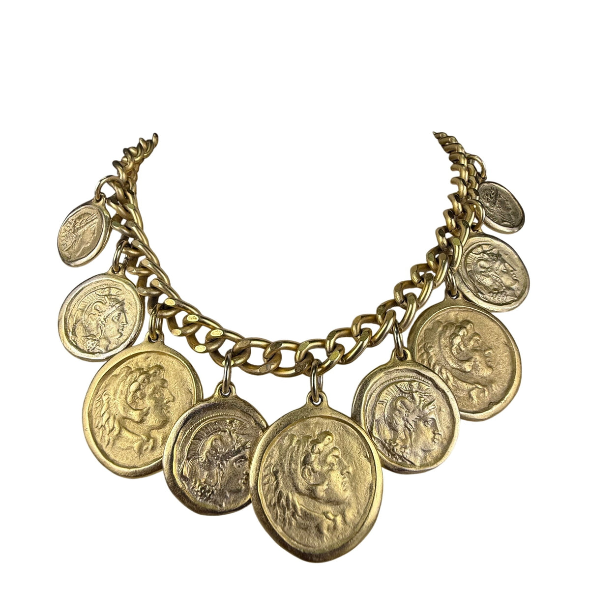 Vintage Gold Tone Coin Medallion Necklace Women Chain Alloy Statement Toggle Design