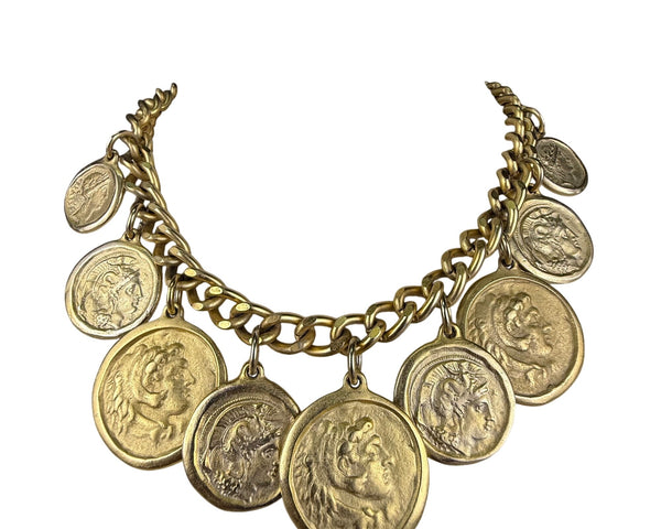Vintage Gold Tone Coin Medallion Necklace Women Chain Alloy Statement Toggle Design