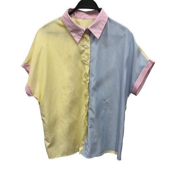 Shein Curve Womens Multi-Color Striped Button-Up Collared Blouse 1XL Polyester