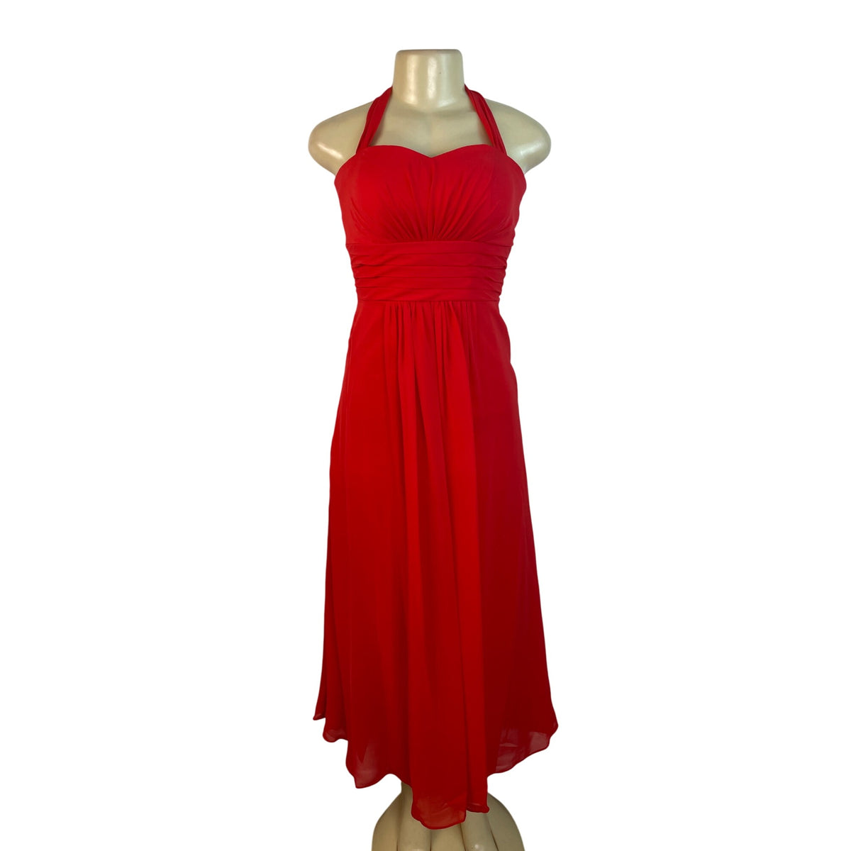 Izidress Red Halter Neck Midi Dress With Ruched Bodice & Flowing Skirt
