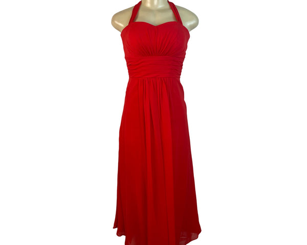 Izidress Red Halter Neck Midi Dress With Ruched Bodice & Flowing Skirt
