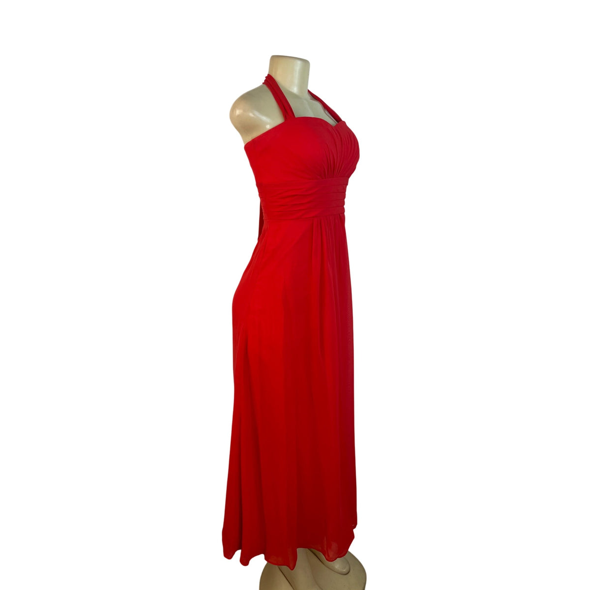 Izidress Red Halter Neck Midi Dress With Ruched Bodice & Flowing Skirt