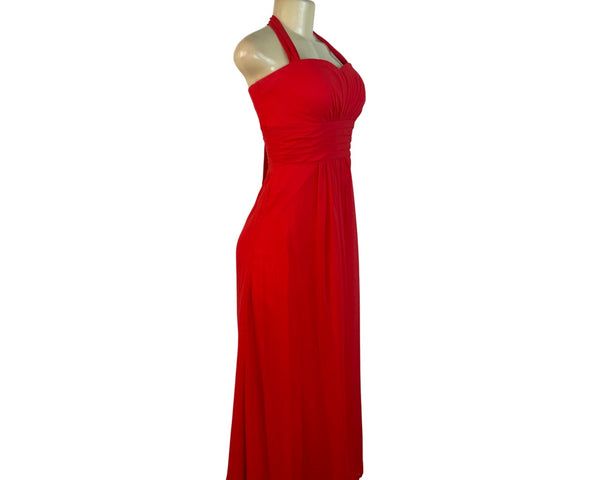 Izidress Red Halter Neck Midi Dress With Ruched Bodice & Flowing Skirt