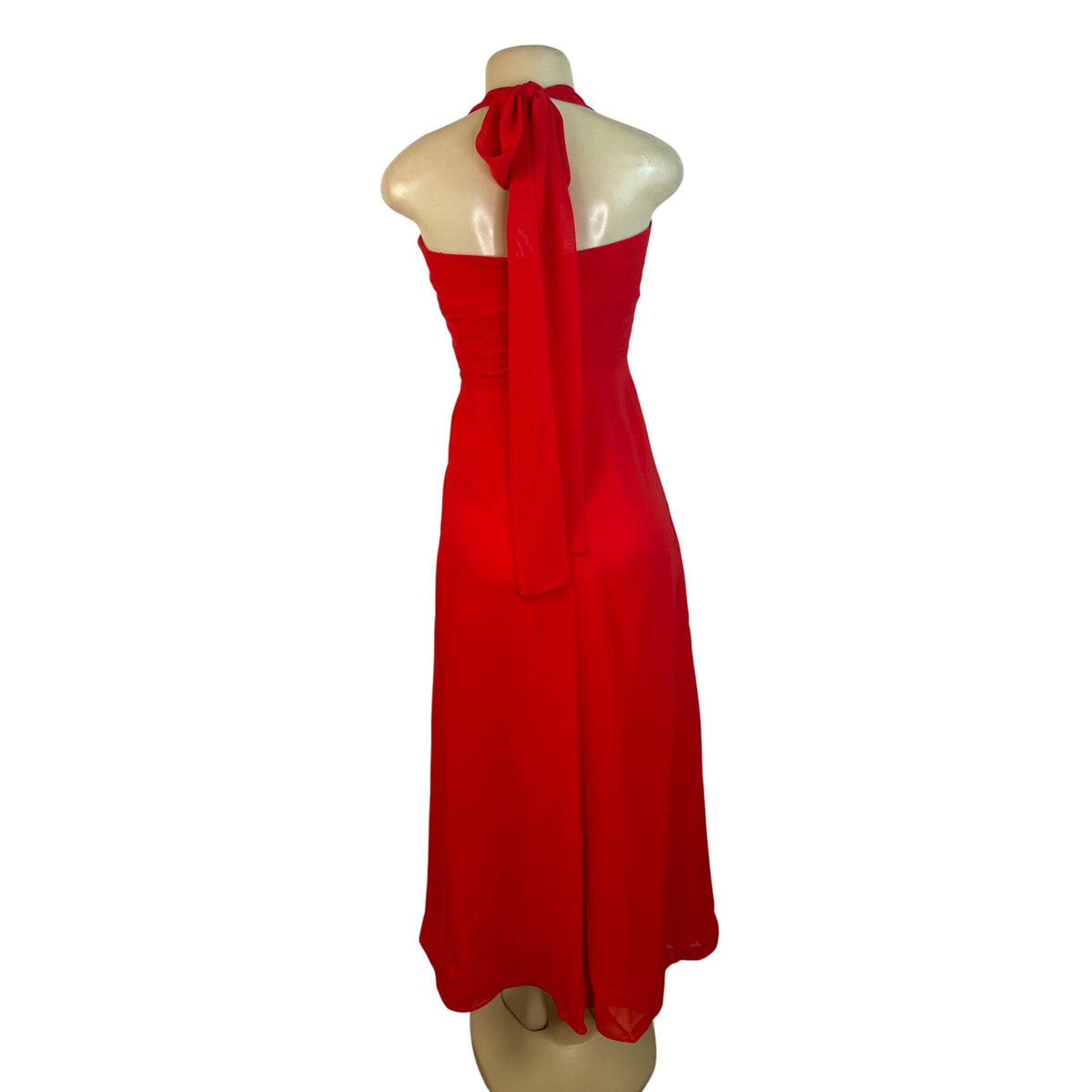 Izidress Red Halter Neck Midi Dress With Ruched Bodice & Flowing Skirt