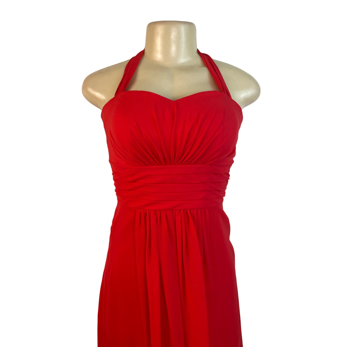 Izidress Red Halter Neck Midi Dress With Ruched Bodice & Flowing Skirt