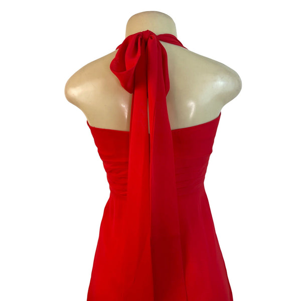 Izidress Red Halter Neck Midi Dress With Ruched Bodice & Flowing Skirt