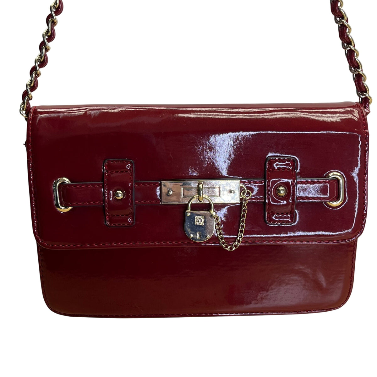 Anne Klein Red Patent Faux Leather Gold Lock Accent Chain Strap Shoulder Bag