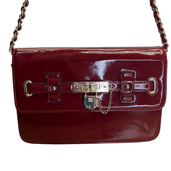Anne Klein Red Patent Faux Leather Gold Lock Accent Chain Strap Shoulder Bag