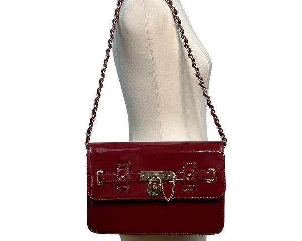 Anne Klein Red Patent Faux Leather Gold Lock Accent Chain Strap Shoulder Bag