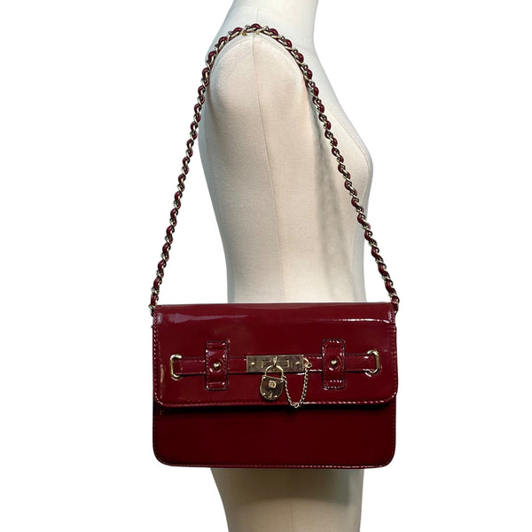 Anne Klein Red Patent Faux Leather Gold Lock Accent Chain Strap Shoulder Bag
