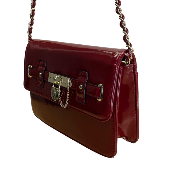 Anne Klein Red Patent Faux Leather Gold Lock Accent Chain Strap Shoulder Bag