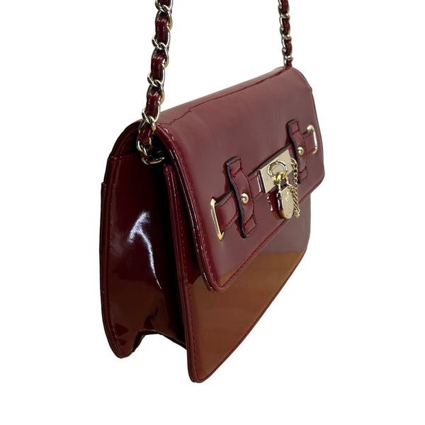 Anne Klein Red Patent Faux Leather Gold Lock Accent Chain Strap Shoulder Bag