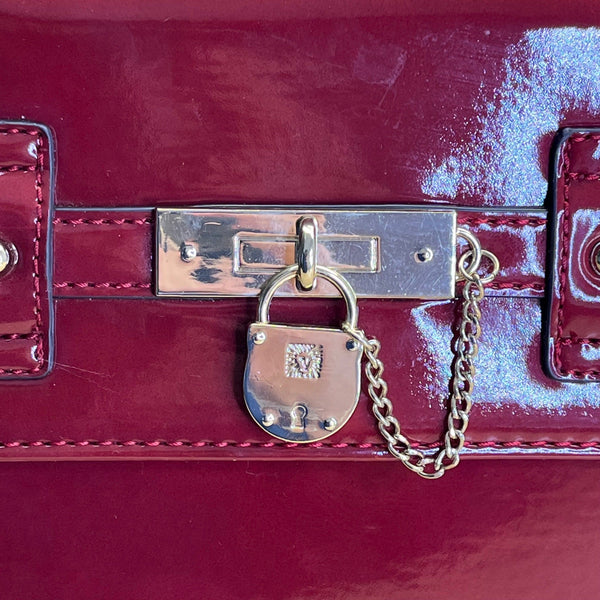 Anne Klein Red Patent Faux Leather Gold Lock Accent Chain Strap Shoulder Bag