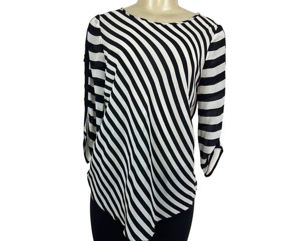 BCBGMaxAzria Womens Black & White Striped Silk Open-Back Blouse Size S