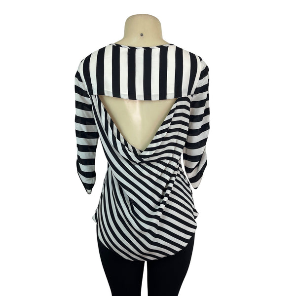 BCBGMaxAzria Womens Black & White Striped Silk Open-Back Blouse Size S