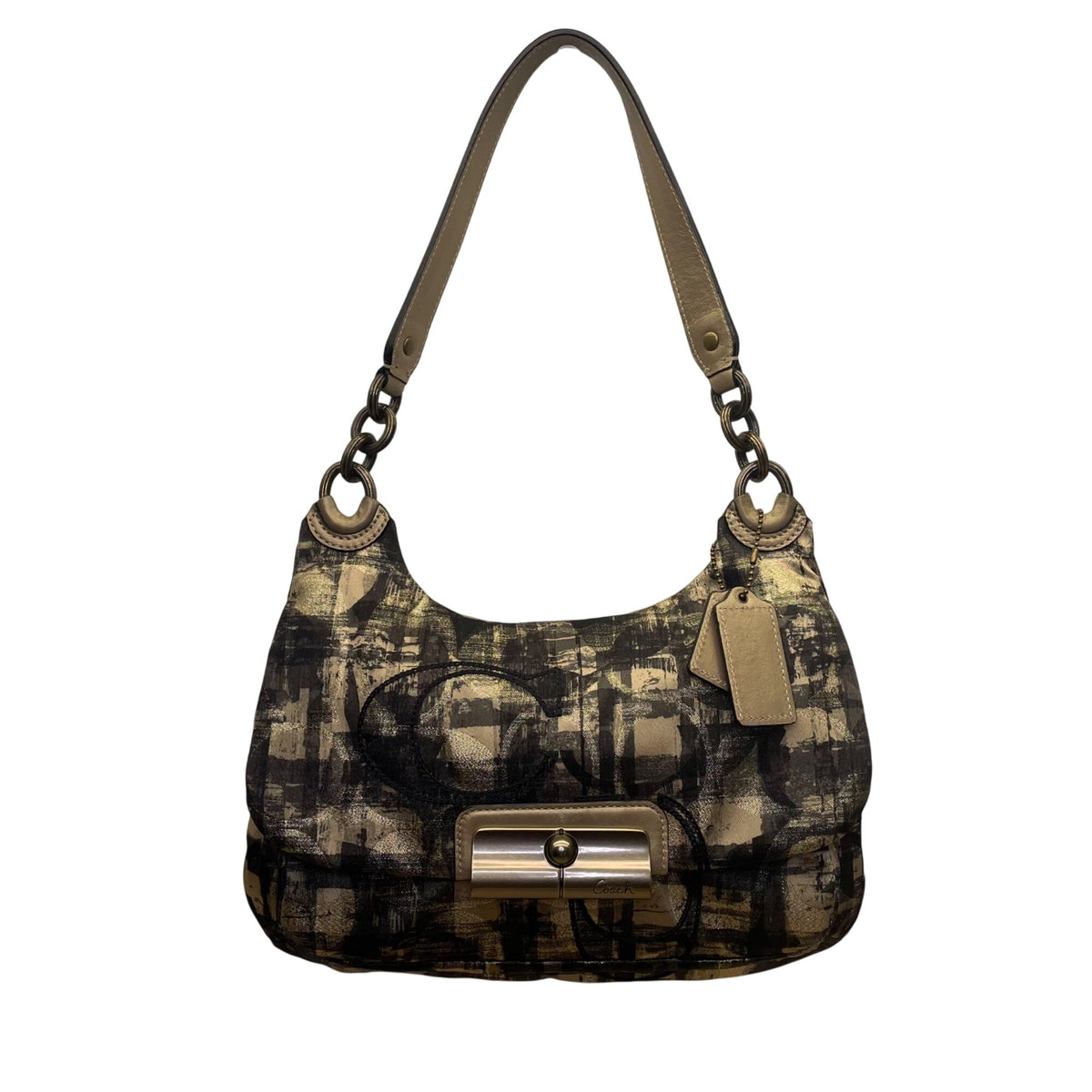 Coach Womens Black/Gold Canvas Abstract Siganture Print Crossbody Hobo Bag