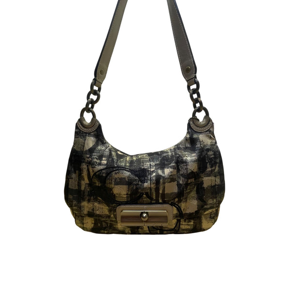 Coach Womens Black/Gold Canvas Abstract Siganture Print Crossbody Hobo Bag