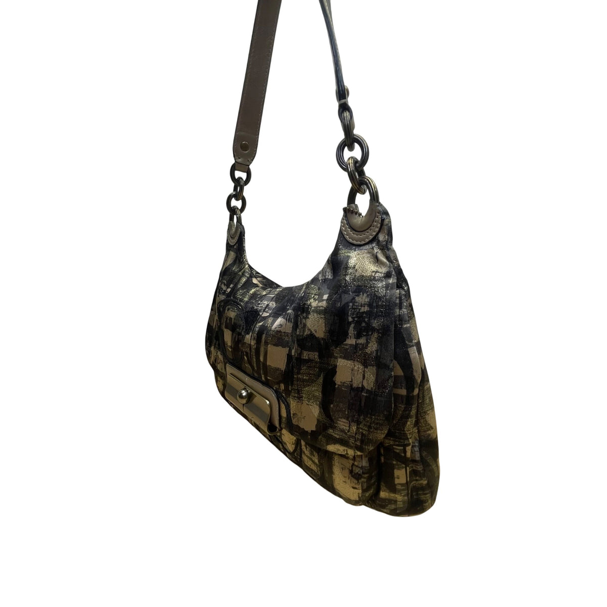 Coach Womens Black/Gold Canvas Abstract Siganture Print Crossbody Hobo Bag