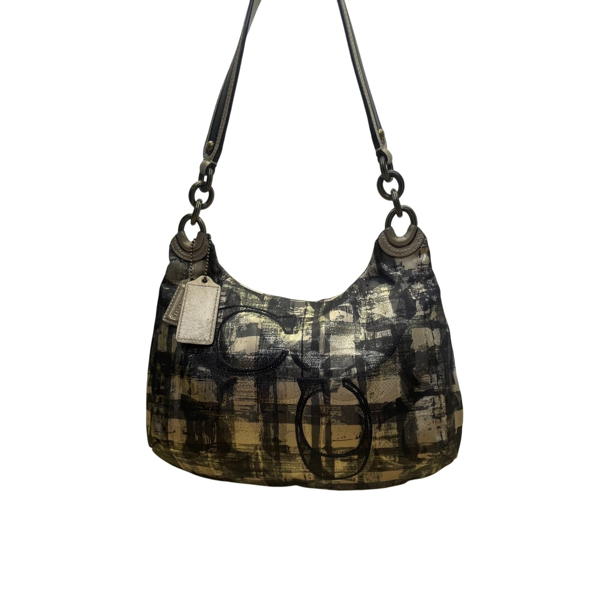 Coach Womens Black/Gold Canvas Abstract Siganture Print Crossbody Hobo Bag