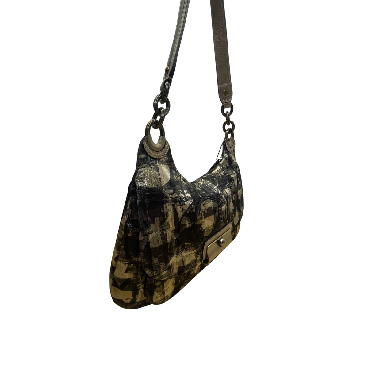 Coach Womens Black/Gold Canvas Abstract Siganture Print Crossbody Hobo Bag