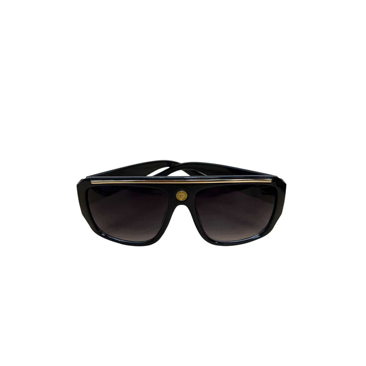 Unisex Black Acetate Sunglasses Featuring Gold Medusa Accent Oval Gradient Lenses