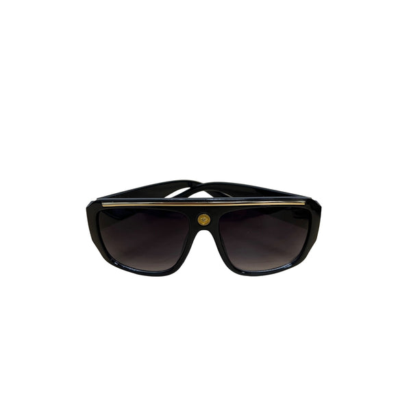 Unisex Black Acetate Sunglasses Featuring Gold Medusa Accent Oval Gradient Lenses