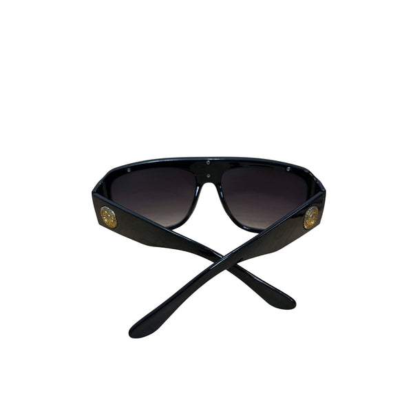Unisex Black Acetate Sunglasses Featuring Gold Medusa Accent Oval Gradient Lenses