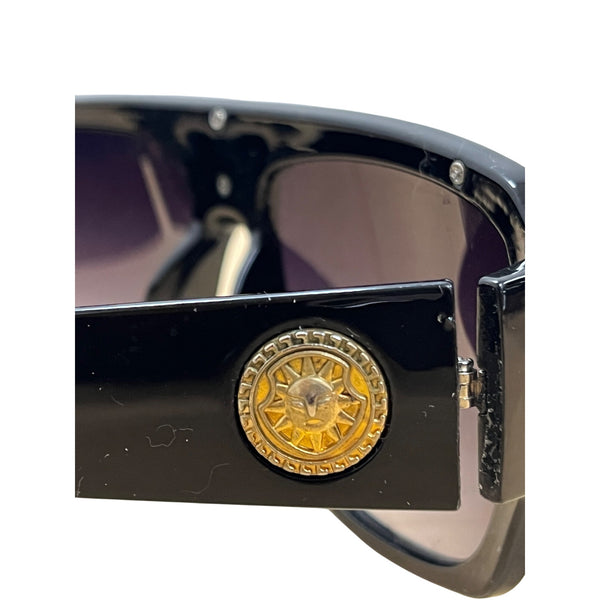 Unisex Black Acetate Sunglasses Featuring Gold Medusa Accent Oval Gradient Lenses