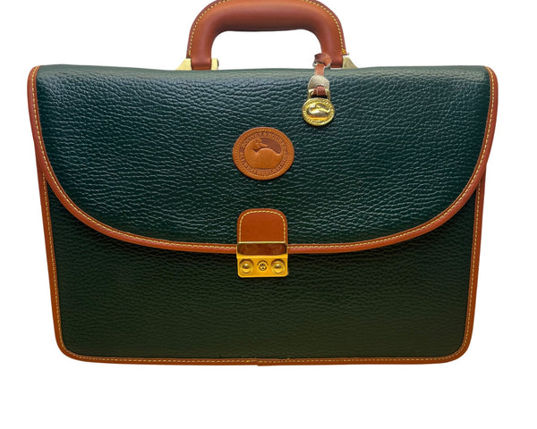 Dooney & Bourke Green Leather w Brown Trim Business Organizer Key Lock Briefcase