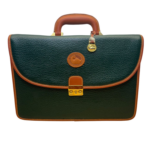 Dooney & Bourke Green Leather w Brown Trim Business Organizer Key Lock Briefcase