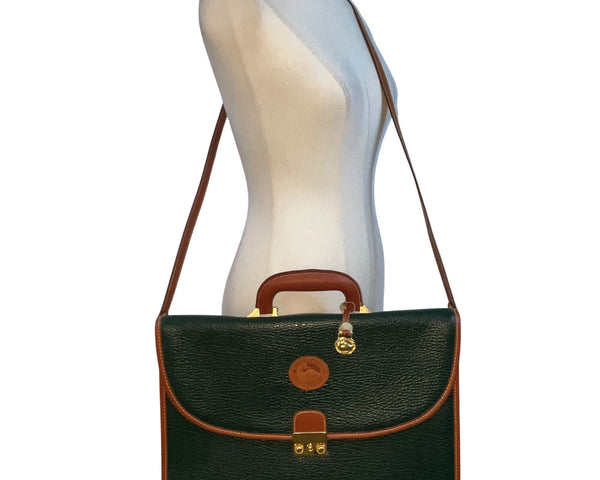 Dooney & Bourke Green Leather w Brown Trim Business Organizer Key Lock Briefcase