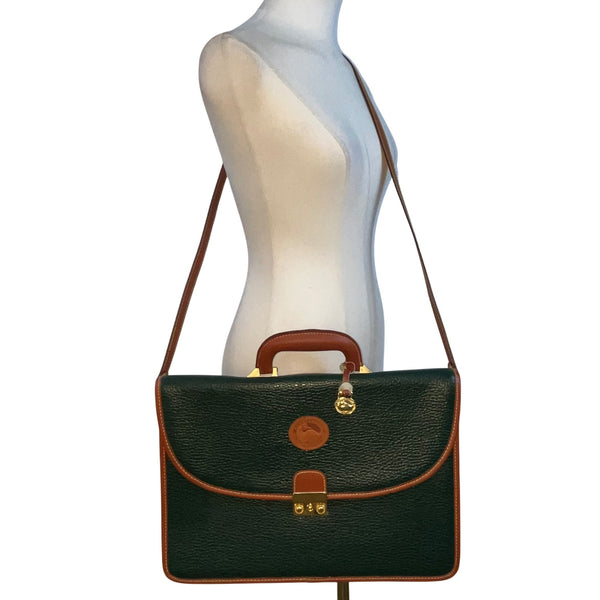 Dooney & Bourke Green Leather w Brown Trim Business Organizer Key Lock Briefcase