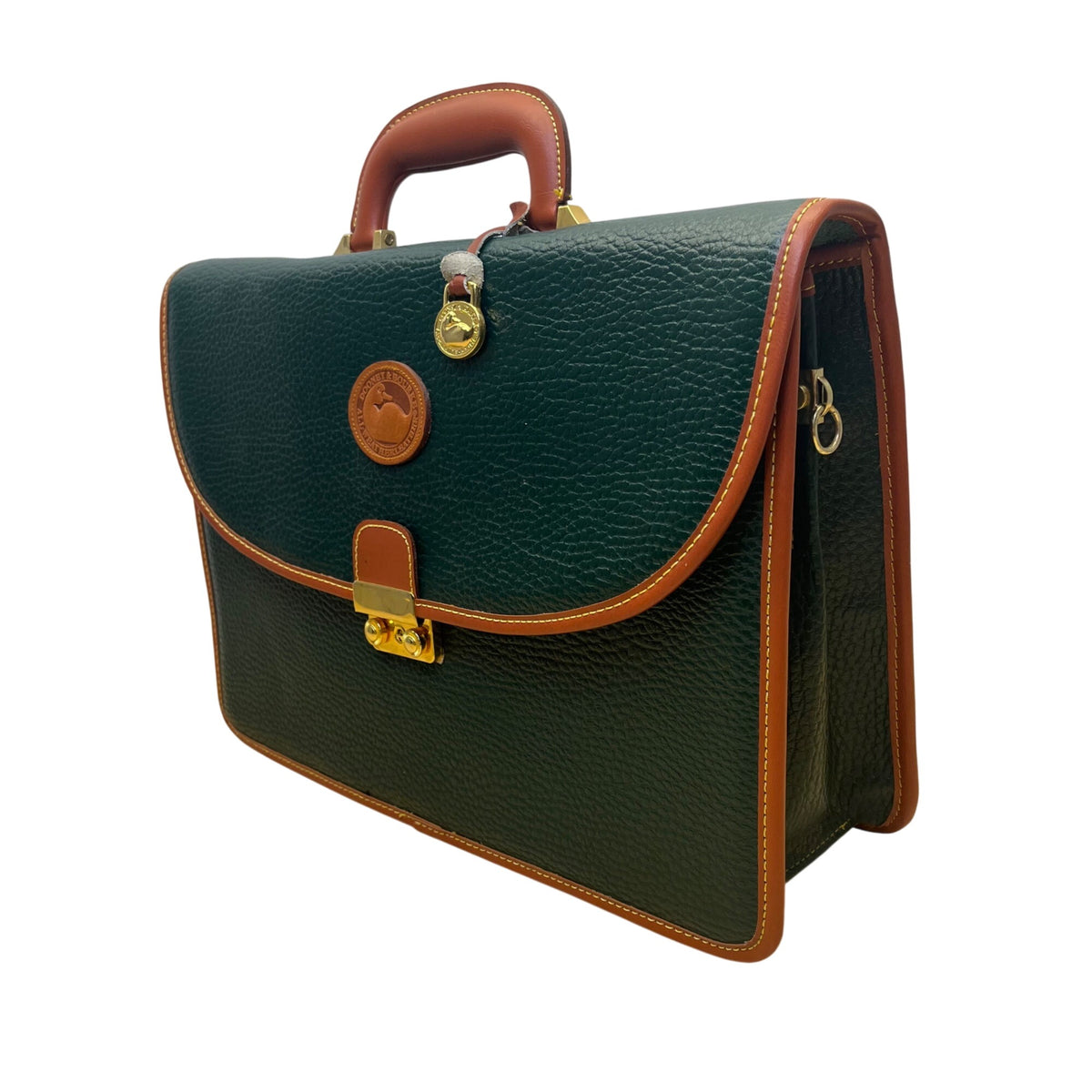 Dooney & Bourke Green Leather w Brown Trim Business Organizer Key Lock Briefcase