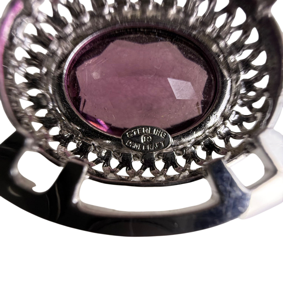 Danecraft Sterling Silver Oval Brooch Purple Stone Fancy Filigree Design Rare