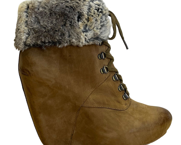 Boutique 9 Women’s Brown Leather & Faux Fur-Lined Daphnea Wedge Boots Sz 7.5M