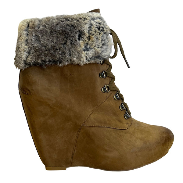 Boutique 9 Women’s Brown Leather & Faux Fur-Lined Daphnea Wedge Boots Sz 7.5M