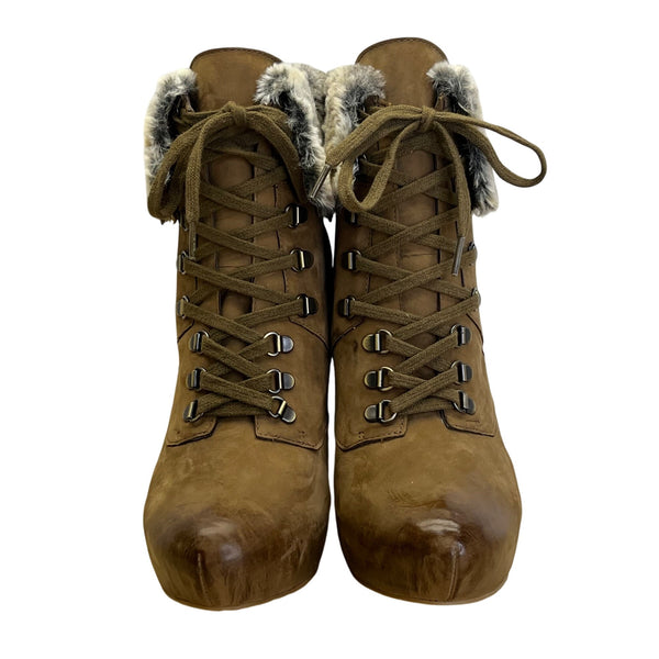 Boutique 9 Women’s Brown Leather & Faux Fur-Lined Daphnea Wedge Boots Sz 7.5M