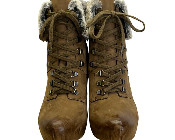 Boutique 9 Women’s Brown Leather & Faux Fur-Lined Daphnea Wedge Boots Sz 7.5M