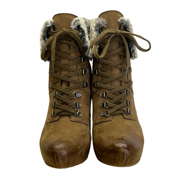 Boutique 9 Women’s Brown Leather & Faux Fur-Lined Daphnea Wedge Boots Sz 7.5M