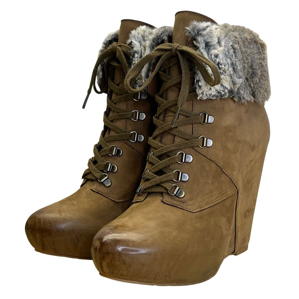 Boutique 9 Women’s Brown Leather & Faux Fur-Lined Daphnea Wedge Boots Sz 7.5M