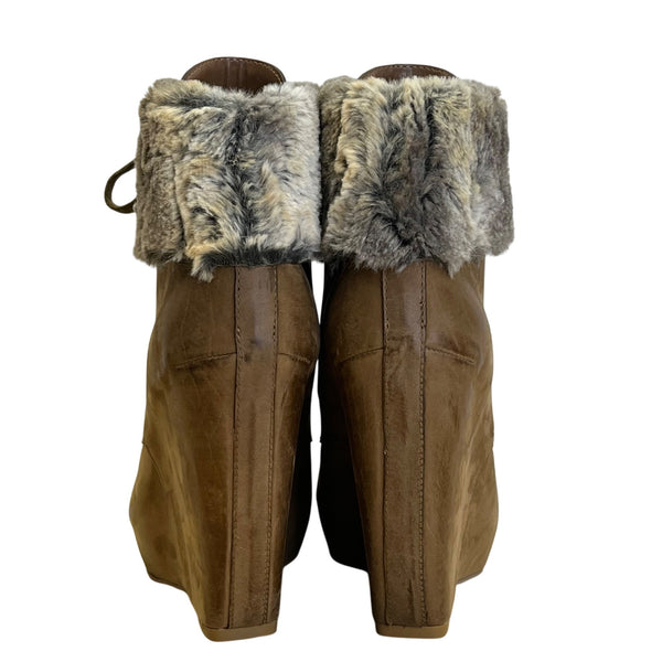 Boutique 9 Women’s Brown Leather & Faux Fur-Lined Daphnea Wedge Boots Sz 7.5M