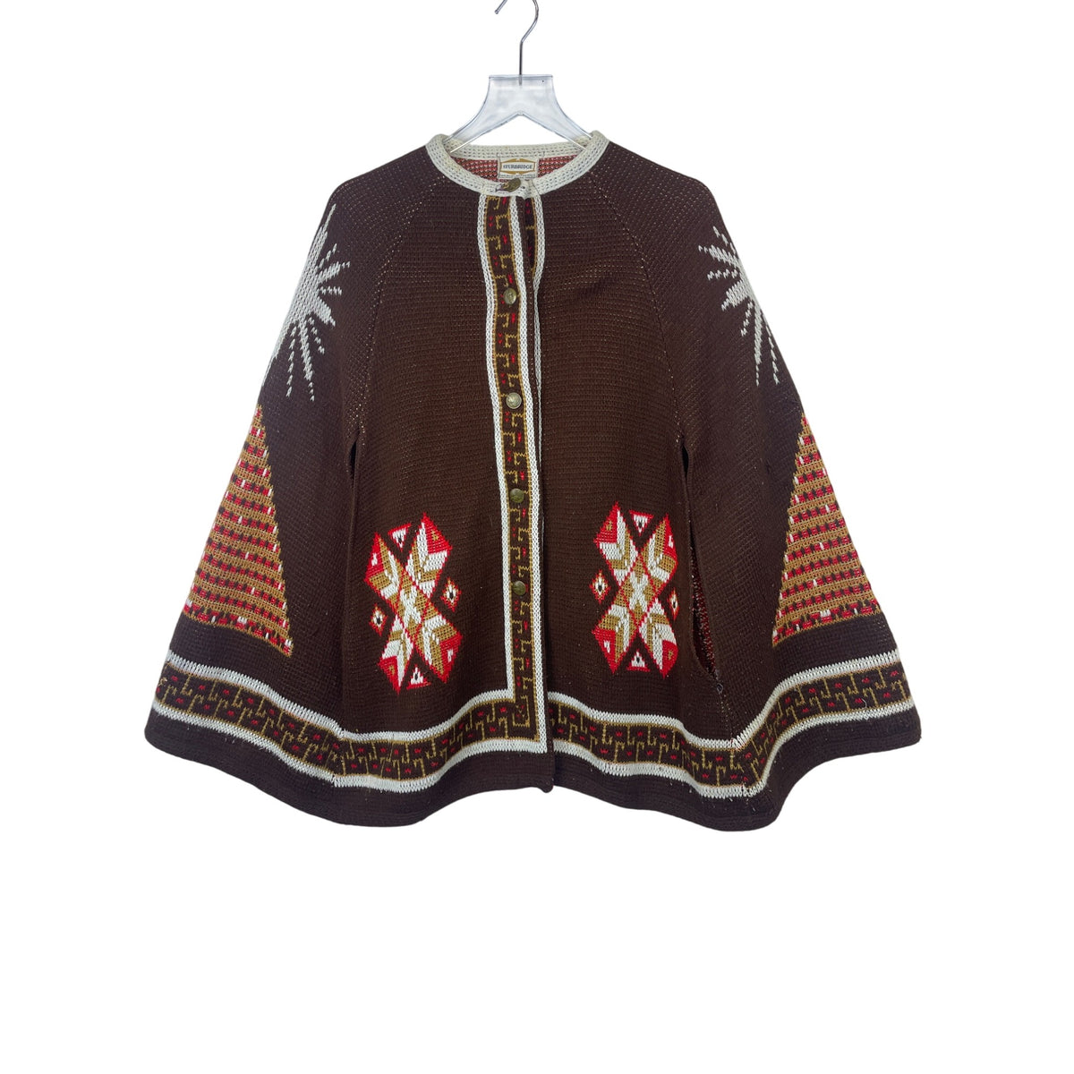 Sturbridge Womens Brown Acrylic Geometric Knit Cape Jacket Medium Button Front Warm Style